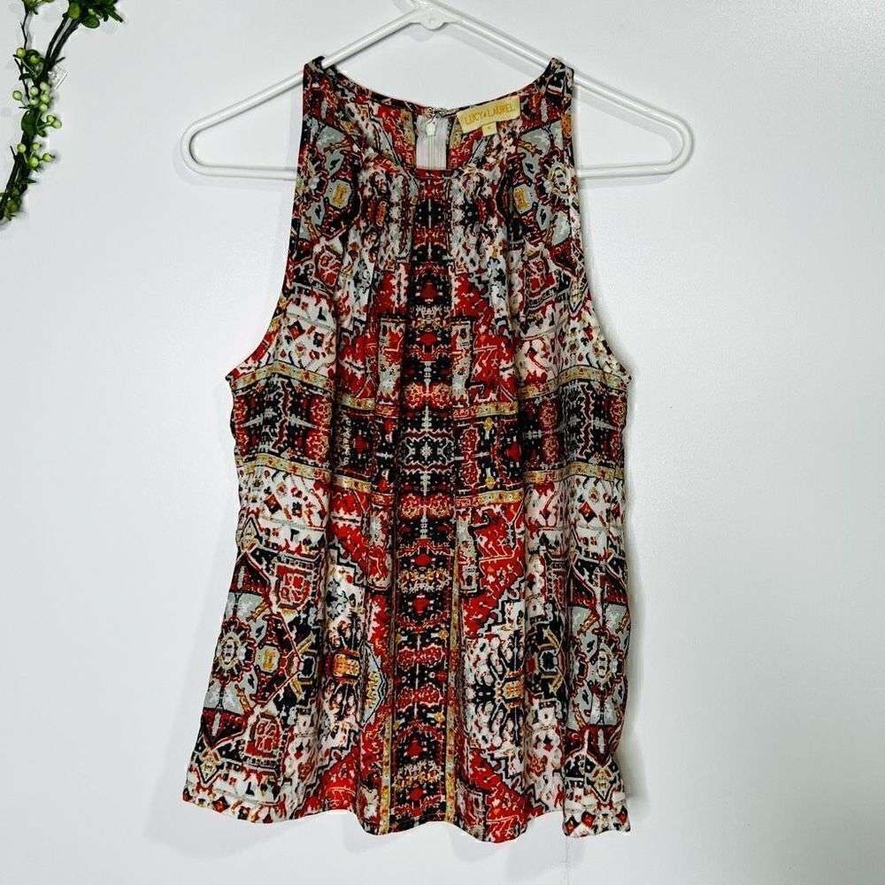 Lucy & Laurel Boho Orange Blue Cream High Neck Tank Top Blouse